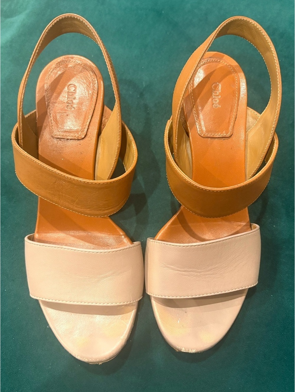 Chloe Mia Two-Tone Leather Slingback Sandals in Tan and Ivory